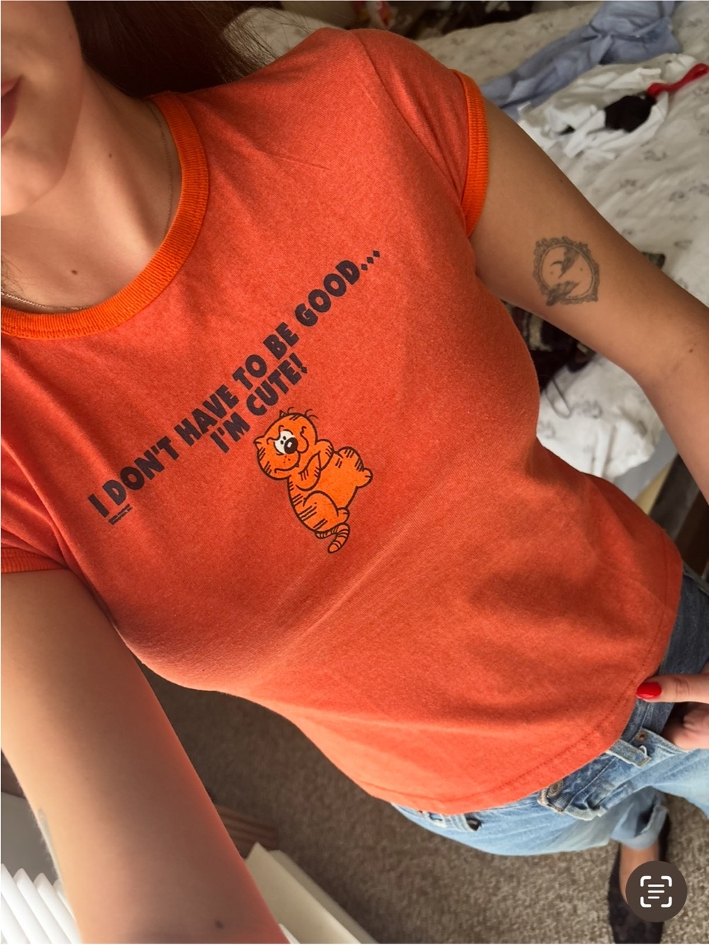 Vintage Orange Pet Tee with Cute Cat Graphic